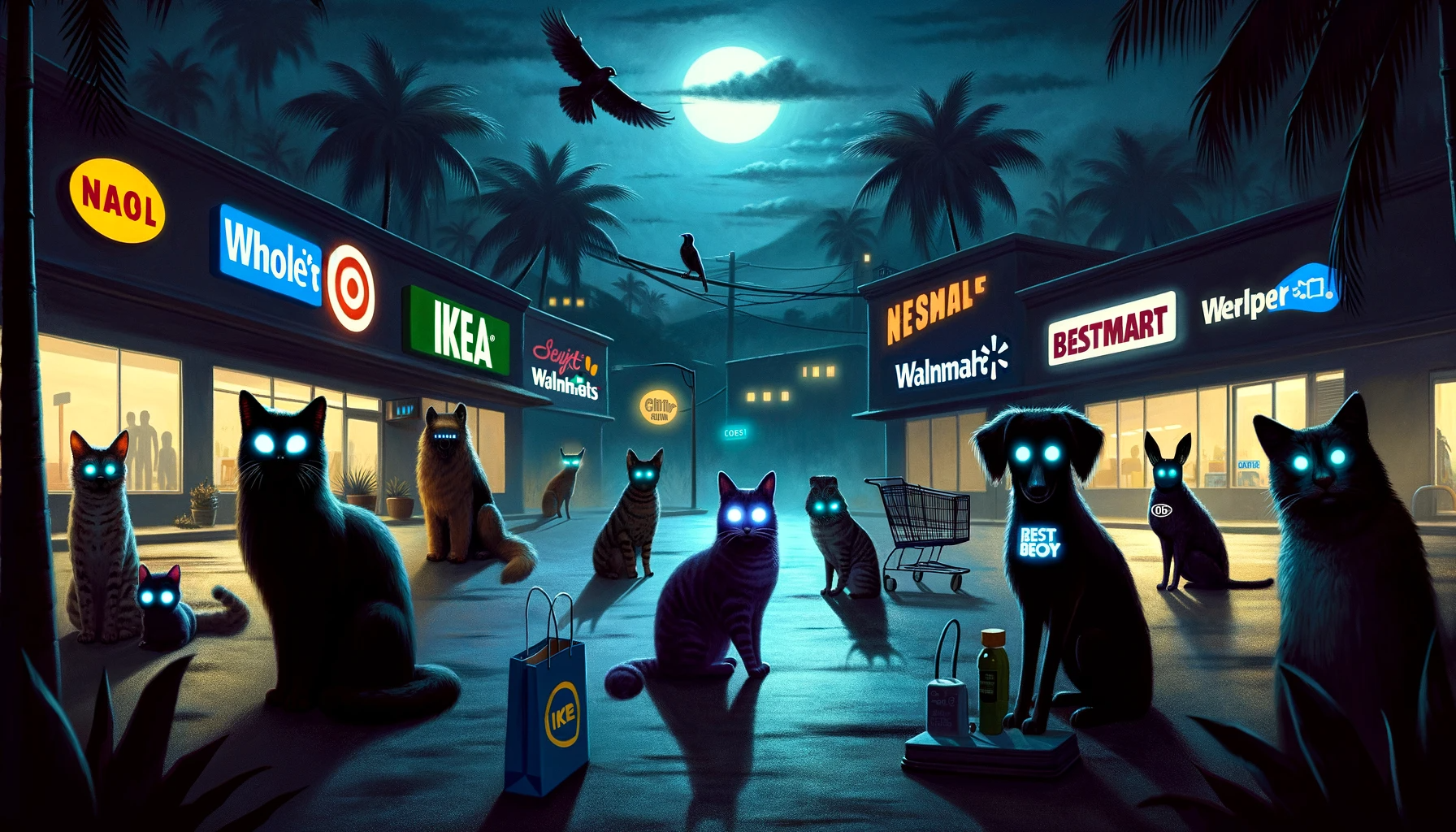 DALL·E 2023-12-23 18.20.29 - In an alternate reality with a darker, more mysterious tone, an urban tropical street scene where cats, birds, and dogs represent various real stores